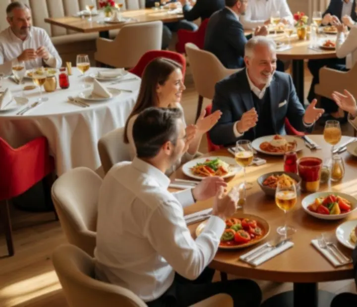 Elegánsan megterített éttermi rendezvényasztal meleg fényekkel